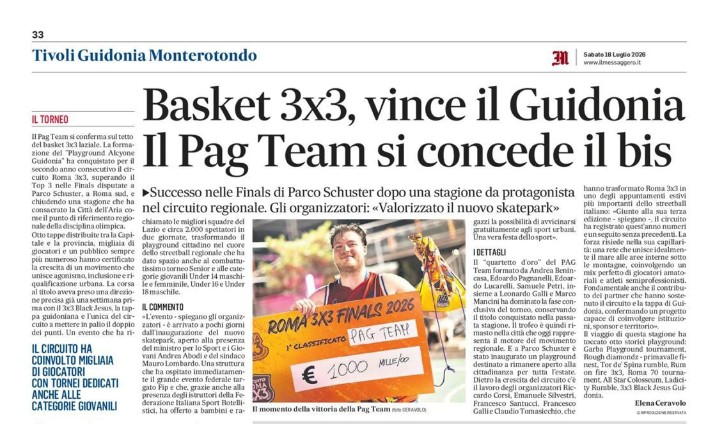 Ritaglio Il Messaggero: Basket 3x3, vince il Guidonia. Il Pag Team si concede il bis.